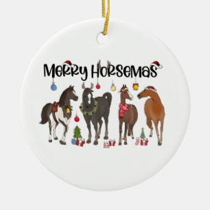 Merry Horsemas Horse Flower Christmas Equine Ceramic Ornament