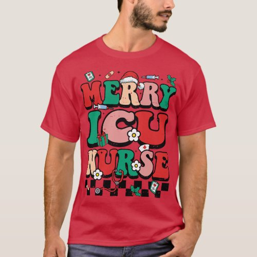 Merry ICU Nurse Retro Groovy Christmas Intensive C T_Shirt