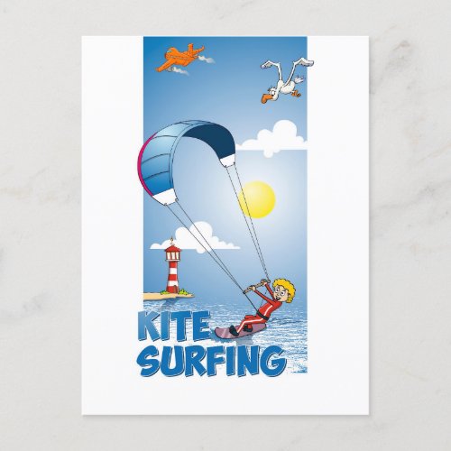 Merry illustration of a kite surfer postcard