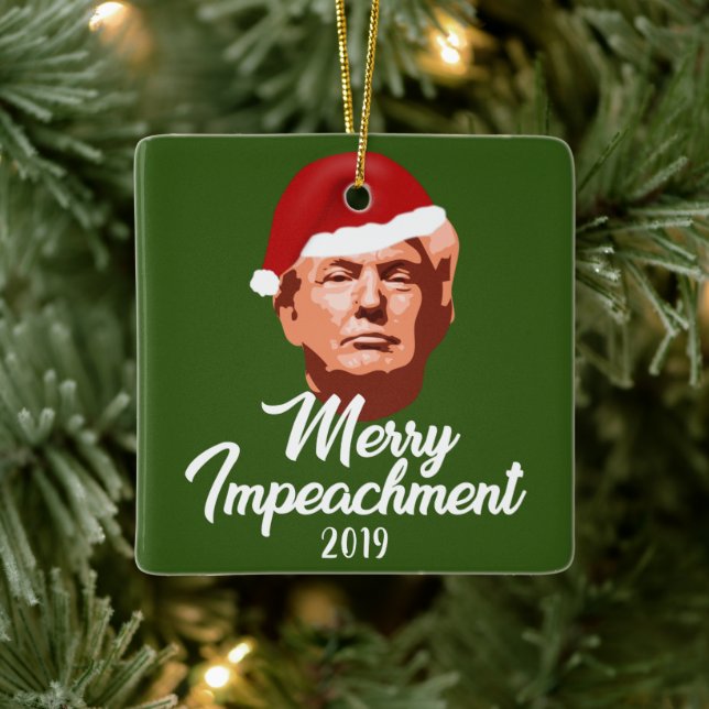 MERRY IMPEACHMENT 2019 TRUMP SANTA HAT CERAMIC ORNAMENT (Tree)