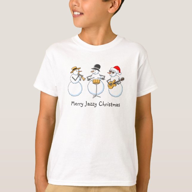 Merry Jazzy Christmas Funny Snowmen Jazz Band Boy T-Shirt (Front)