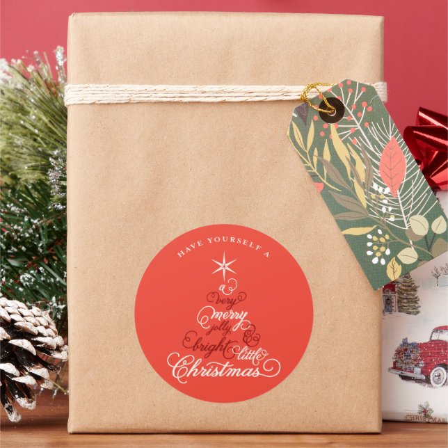 Merry Jolly And Bright Little Christmas Tree Cute Classic Round Sticker (Holiday)