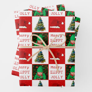 Merry Jolly Christmas Tree Santa Hat Family Photo Wrapping Paper Sheets