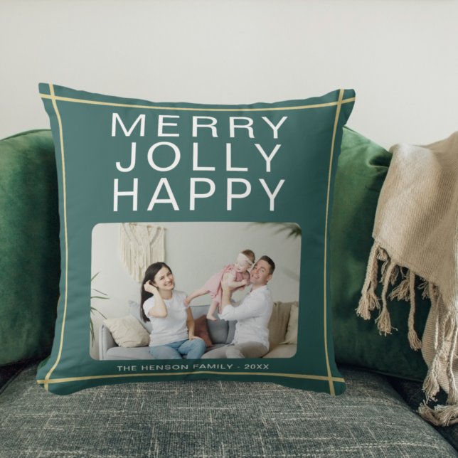Merry Jolly Happy Custom Family Photo Green Throw Pillow (Creator Uploaded)