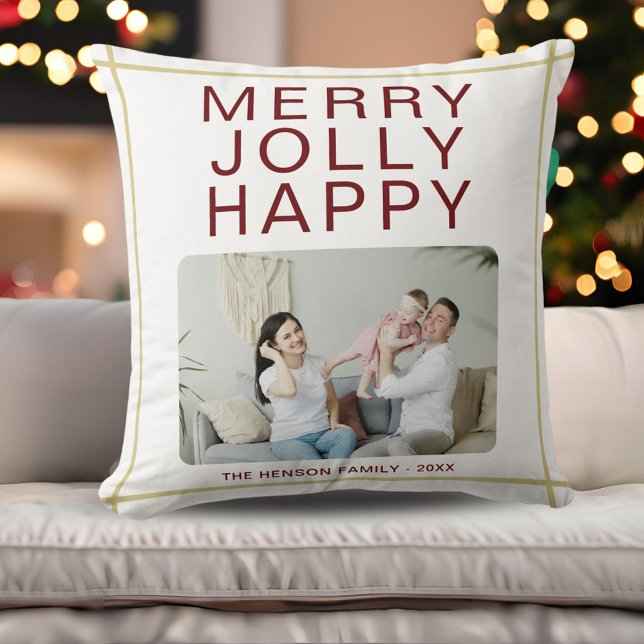 Merry Jolly Happy Custom Family Photo Holiday Throw Pillow (Creator Uploaded)