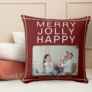 Merry Jolly Happy Custom Family Photo Red Holiday Throw Pillow