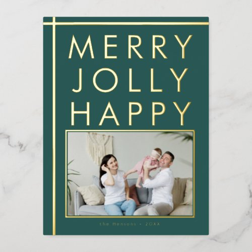 Merry Jolly Happy Family Photo Christmas Green Foil Holiday Postcard