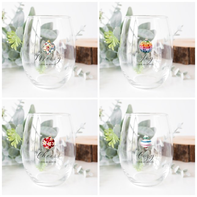 Merry, Joy, Cheers, Cozy | Monogram Christmas Stemless Wine Glass (Creator Uploaded)