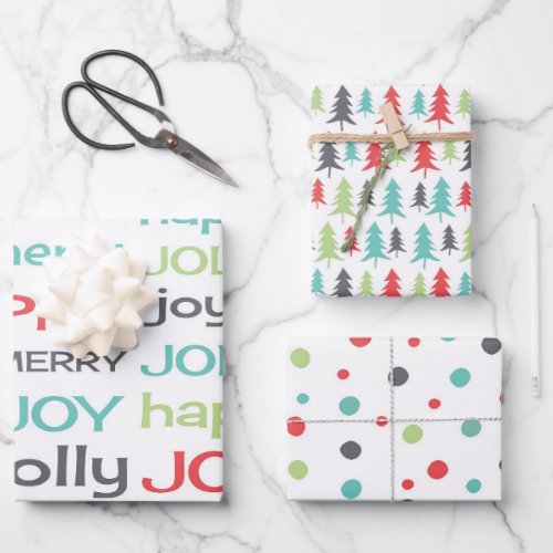 Merry Joy Happy Jolly Trees Dots Christmas Wrapping Paper Sheets