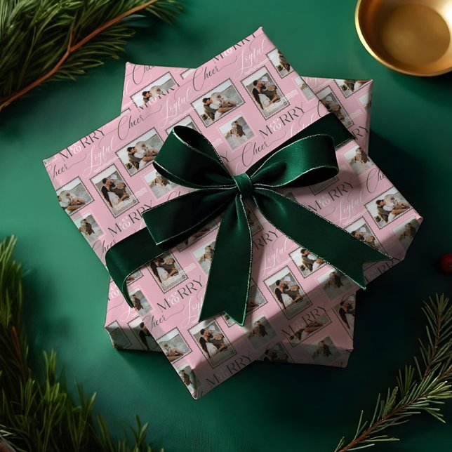 Merry Joyful Cheer Wavy Retro Modern Photo Collage Wrapping Paper (Merry Joyful Cheer Wavy Retro Modern Photo Collage Wrapping Paper)