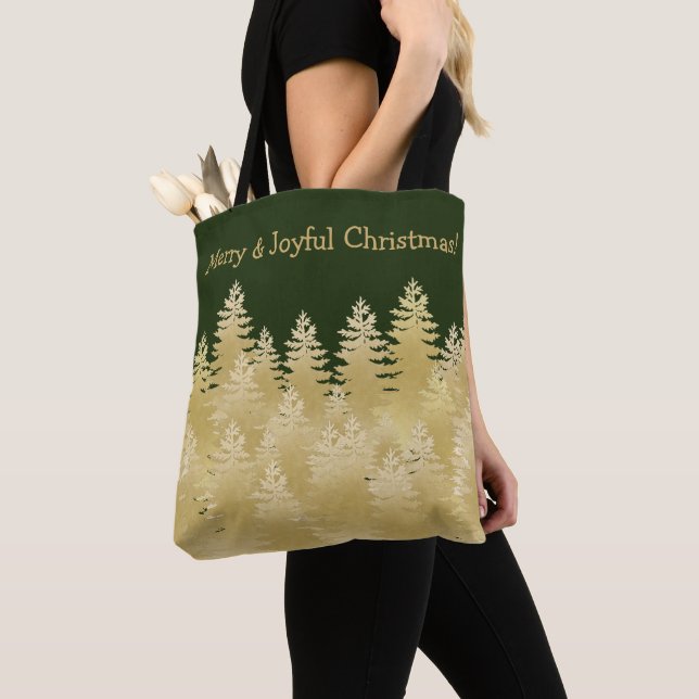 Merry Joyful Christmas Dark Green Gold Pine Trees  Tote Bag (Close Up)