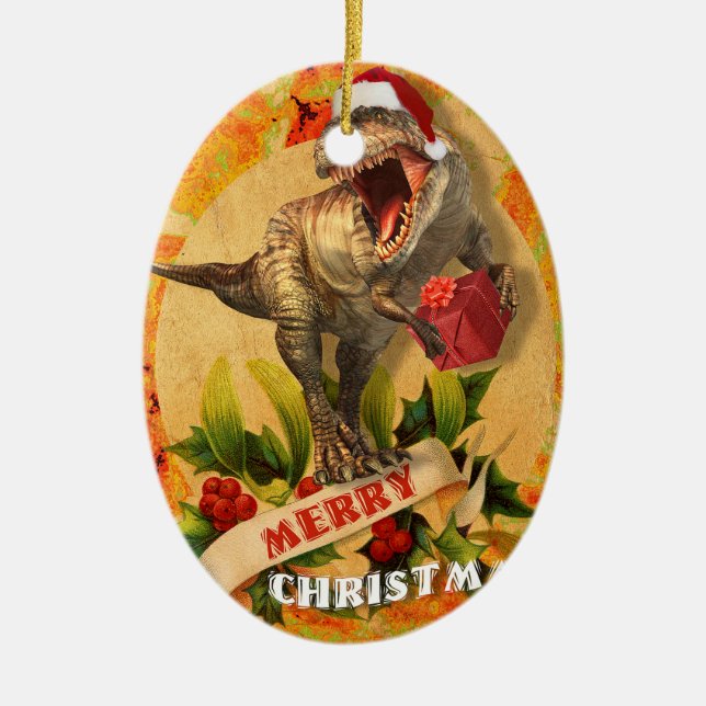 Merry Jurassic Christmas (I) Ceramic Ornament (Front)
