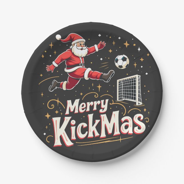 Merry Kickmas Funny Santa Claus Soccer Lovers Paper Plates (Front)