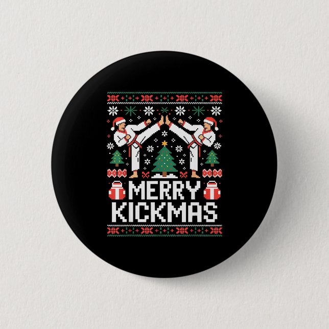 Merry Kickmas Karate Jiu Jitsu Ugly Christmas Desi Button (Front)
