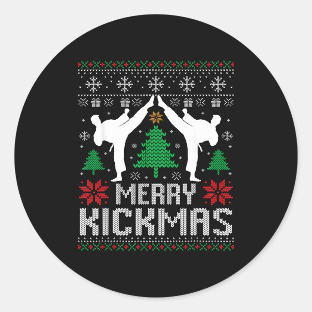 Merry Kickmas Karate Jiu Jitsu Ugly Christmas Xmas Classic Round Sticker (Front)