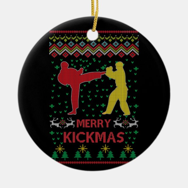 Merry Kickmas Ugly Christmas Karate Jiu Jitsu Ceramic Ornament (Front)
