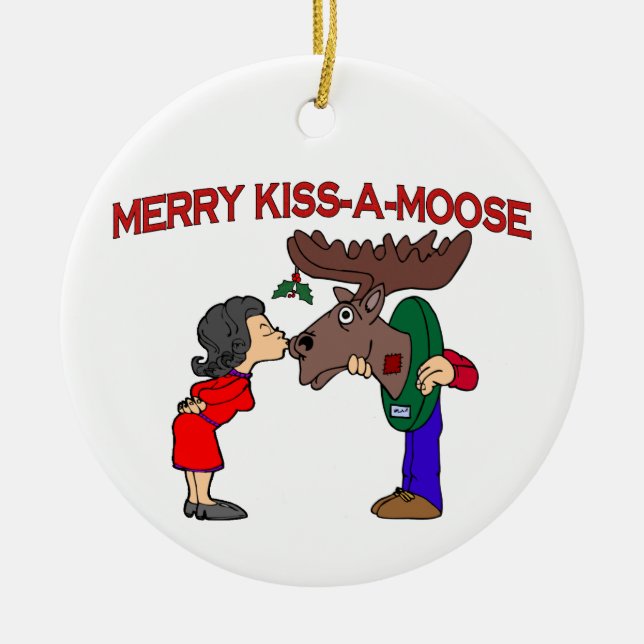 Merry Kiss A Moose Ceramic Ornament (Front)
