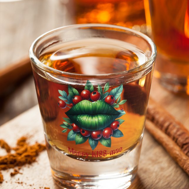 Merry KISS-mas Green Lips Red Christmas Berries Shot Glass (Creator Uploaded)