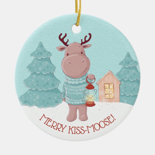 Merry Kiss Moose Ceramic Ornament (Front)