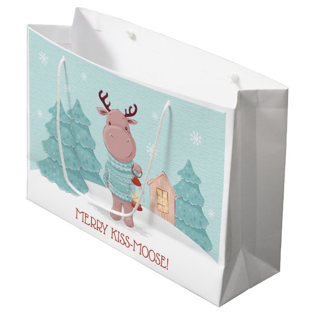 Merry Kiss Moose Christmas Large Gift Bag (Front Angled)