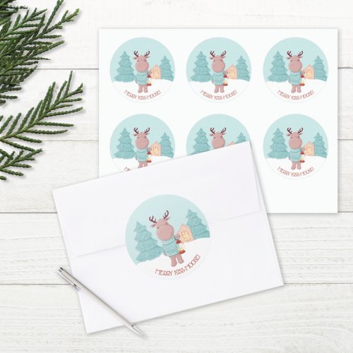 Merry Kiss Moose Funny Christmas Classic Round Sticker