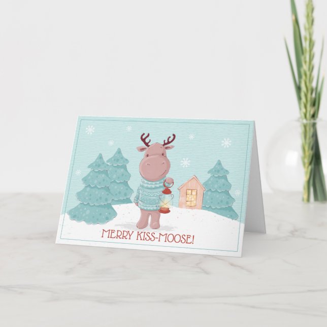 Merry Kiss Moose Funny Christmas Holiday Card (Front)