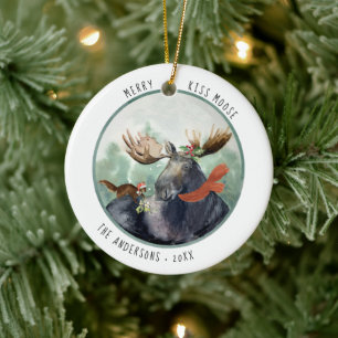 Merry Kiss Moose Rustic Christmas Winter Ceramic Ornament