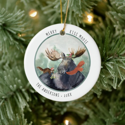 Merry Kiss Moose  Rustic Christmas Winter Ceramic Ornament