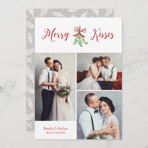 Merry Kisses Modern Three Photo Mistletoe Holiday Card