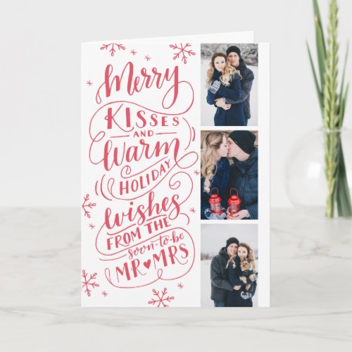 Merry Kisses Warm Wishes Save Date 3 Photo Folded Holiday Card