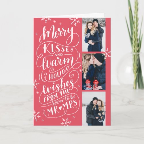 Merry Kisses Warm Wishes Save Date 3 Photo Folded Holiday Card