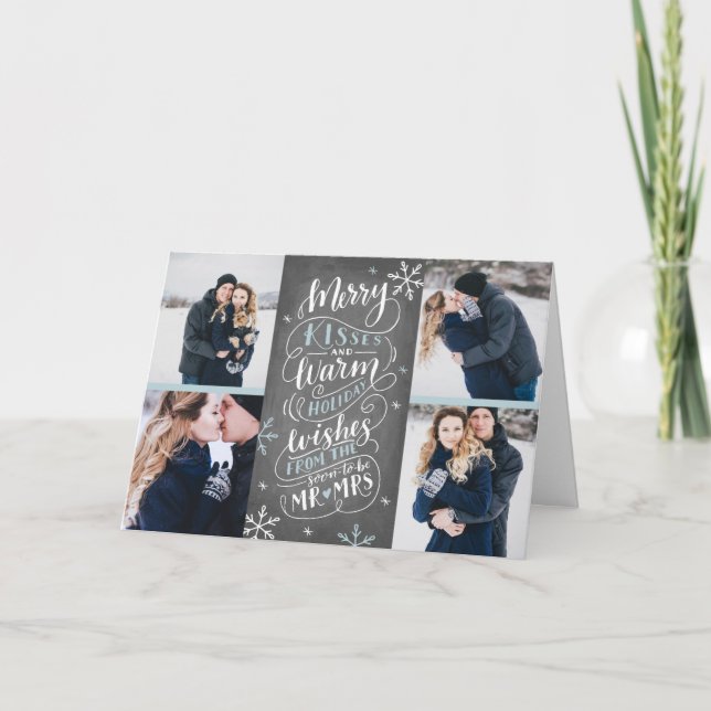 Merry Kisses Warm Wishes Save Date 4 Photo Folded Holiday Card (Front)