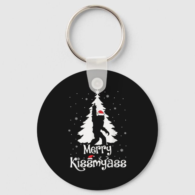 Merry Kissmy Funny Bigfoot Yeti Sasquatch Christma Keychain (Front)