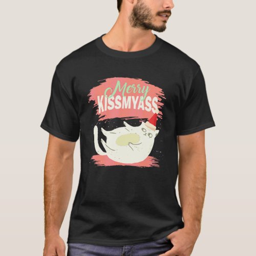 Merry Kissmyass Angry  Christmas Cat With Coffee 1 T_Shirt