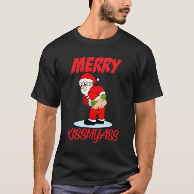 Merry Kissmyass Christmas Rebel Funny Santa Claus  T-Shirt (Front)