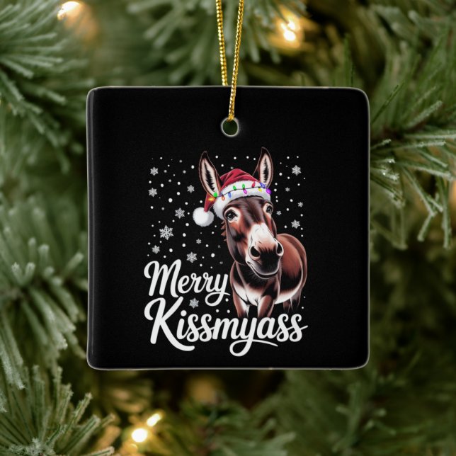 Merry Kissmyass Donkey Sarcastic Xmas Funny Pajama Ceramic Ornament (Tree)