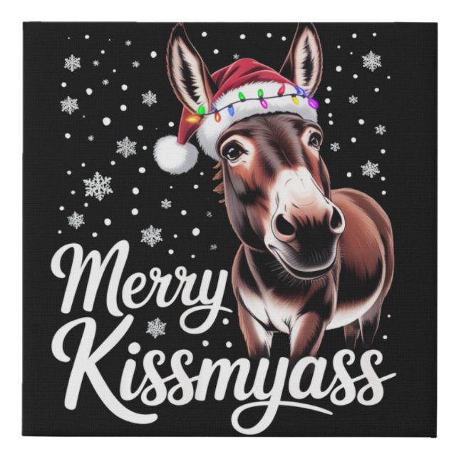 Merry Kissmyass Donkey Sarcastic Xmas Funny Pajama Faux Canvas Print (Front)