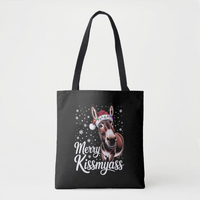 Merry Kissmyass Donkey Sarcastic Xmas Funny Pajama Tote Bag (Front)