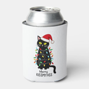 Merry Kissmyass Funny Cat Christmas Lights Premium Can Cooler