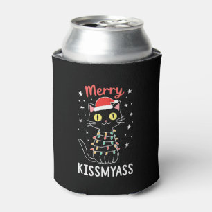 Merry Kissmyass Funny Cat Christmas Lights Premium Can Cooler