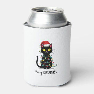Merry Kissmyass Funny Cat Christmas Lights Premium Can Cooler
