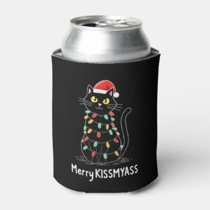 Merry Kissmyass Funny Cat Christmas Lights Premium Can Cooler