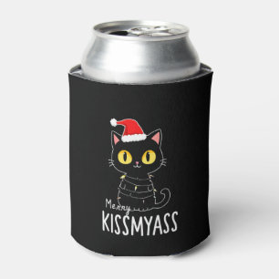 Merry Kissmyass Funny Cat Christmas Lights Premium Can Cooler