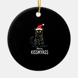 Merry Kissmyass Funny Cat Christmas Lights Premium Ceramic Ornament