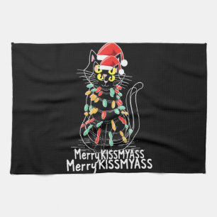 Merry Kissmyass Funny Cat Christmas Lights Premium Kitchen Towel