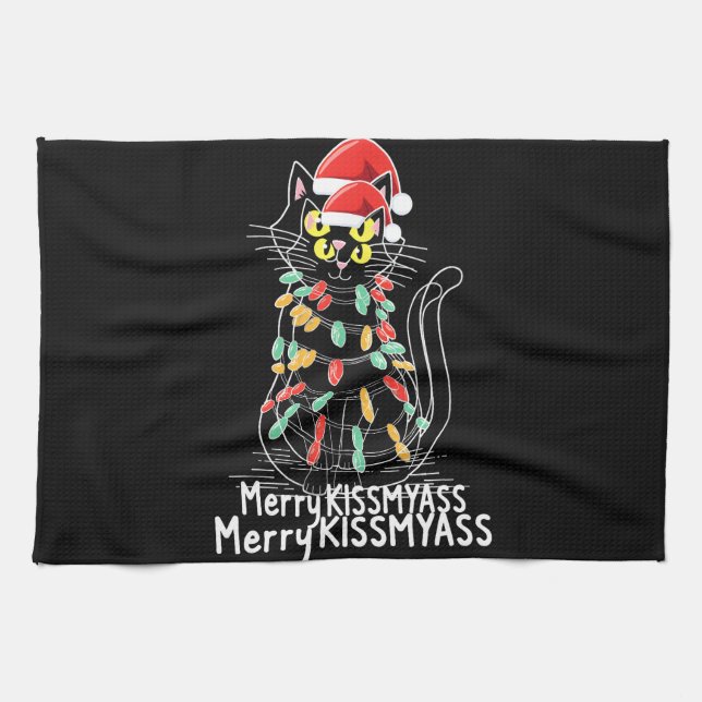Merry Kissmyass Funny Cat Christmas Lights Premium Kitchen Towel (Horizontal)