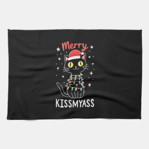 Merry Kissmyass Funny Cat Christmas Lights Premium Kitchen Towel