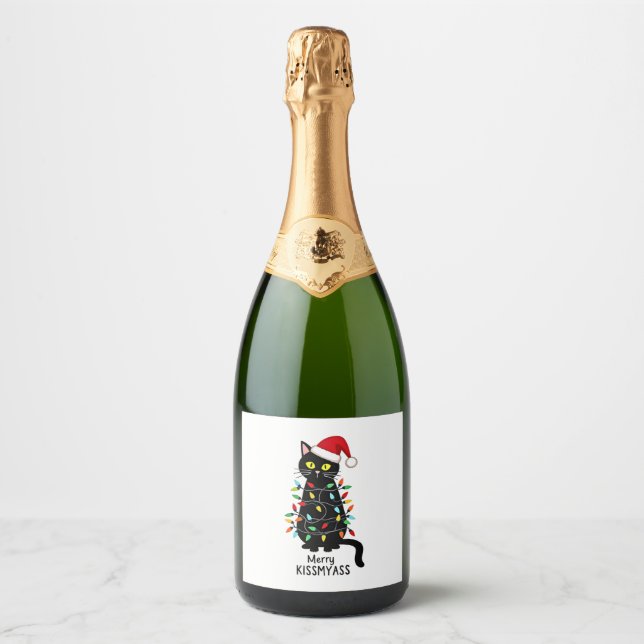 Merry Kissmyass Funny Cat Christmas Lights Premium Sparkling Wine Label (Front)