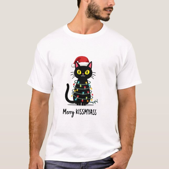 Merry Kissmyass Funny Cat Christmas Lights Premium T-Shirt (Front)