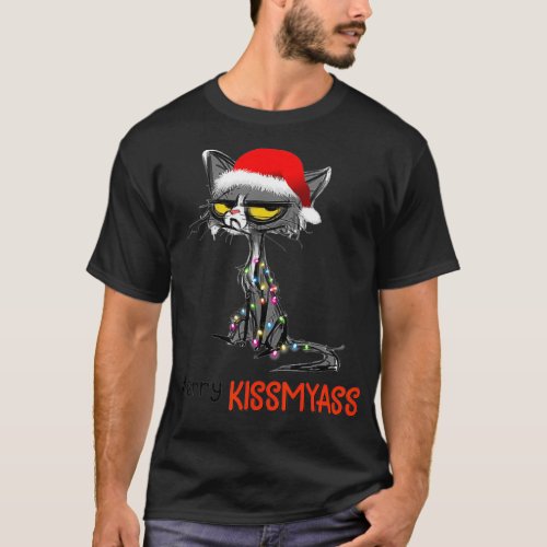 Merry Kissmyass Funny Christmas Black Cat  T_Shirt